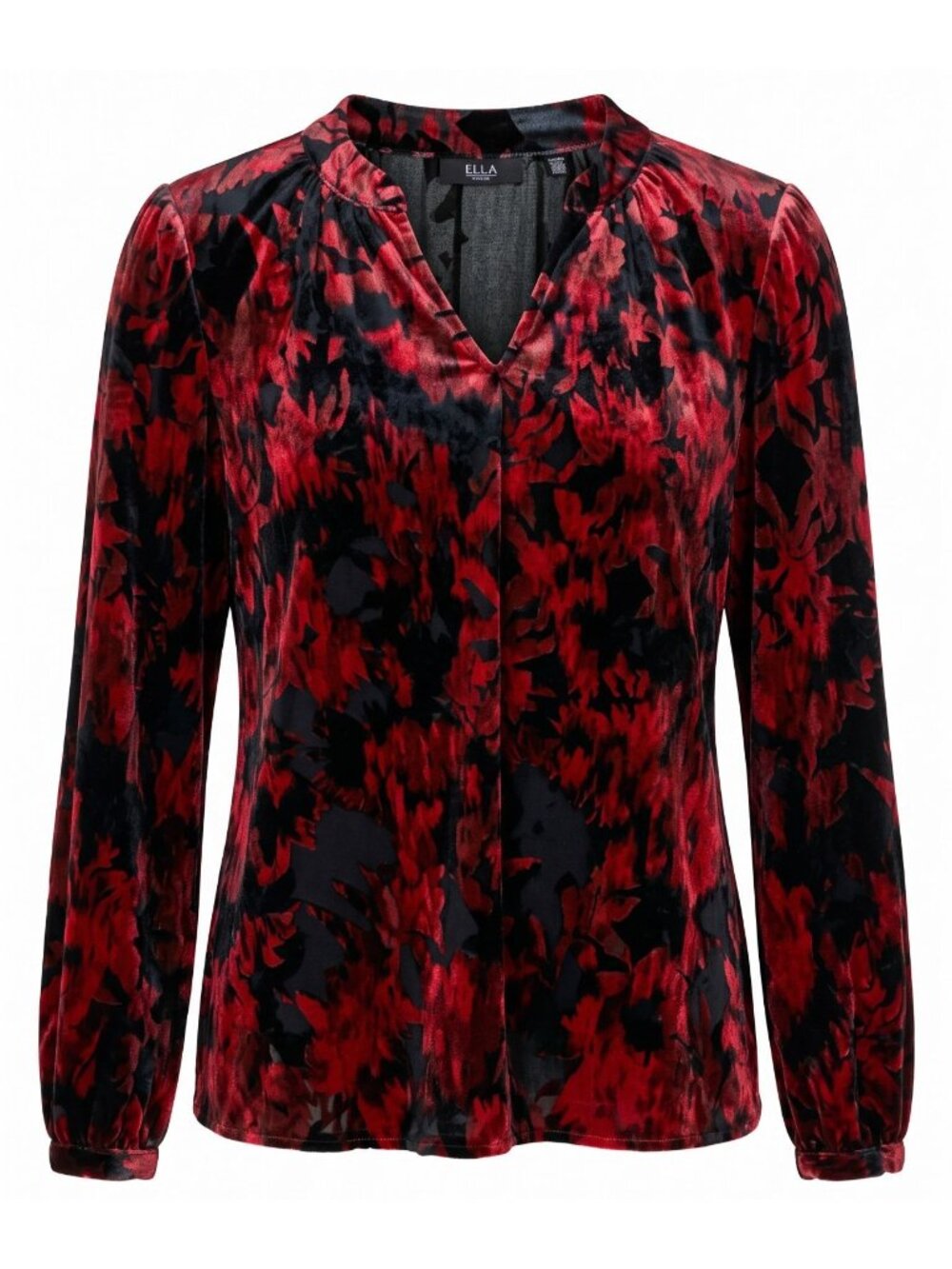 Ella Rafaella Womens Small Velvet Floral Blouse Red Black V Neck Holiday Top NEW